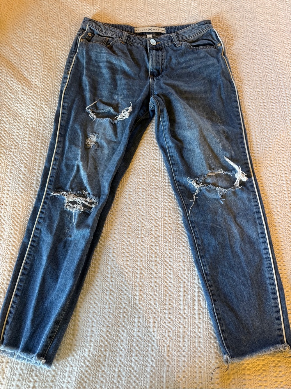 Ashley Mason Distressed Dark Blue Boyfriend Jeans with Side Stripe size 5